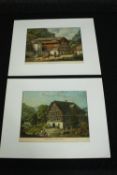 A pair of 19th century hand coloured engravings, Alpine chalets. H.26 W.32cm. (each)
