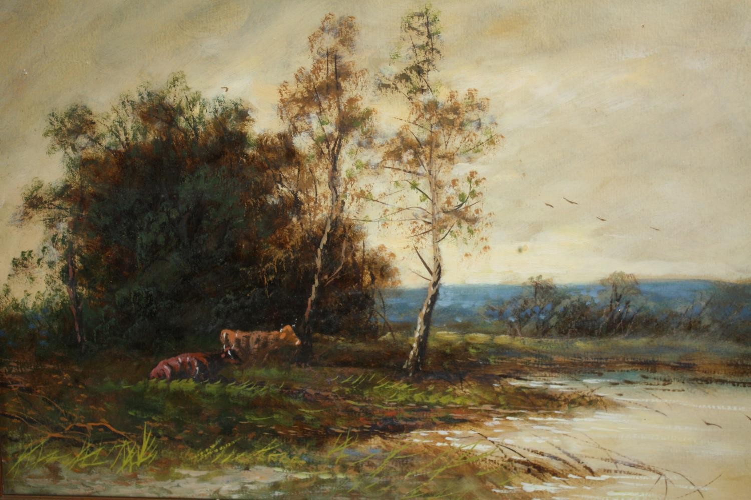 Oils on board, a pair, 19th century cows in a landscape. H.40 W.50cm. (each). - Image 3 of 4