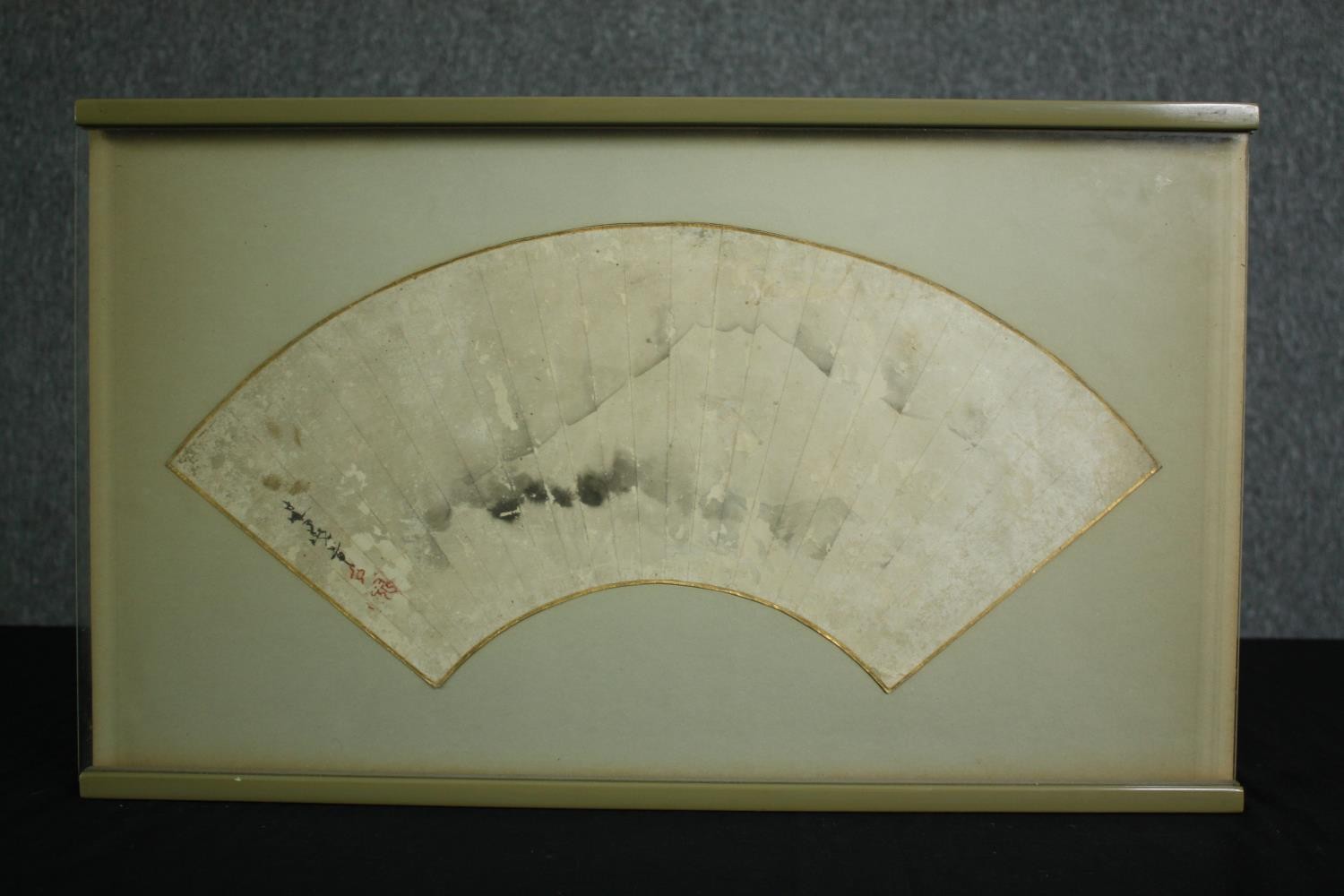 A 19th century hand painted Japanese fan, Mt. Fuji, bears artist's seal, framed and glazed. H.34 W. - Image 2 of 5