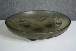 A vintage opaque glass bowl with fruit and leaf decoration. Dia.35cm.