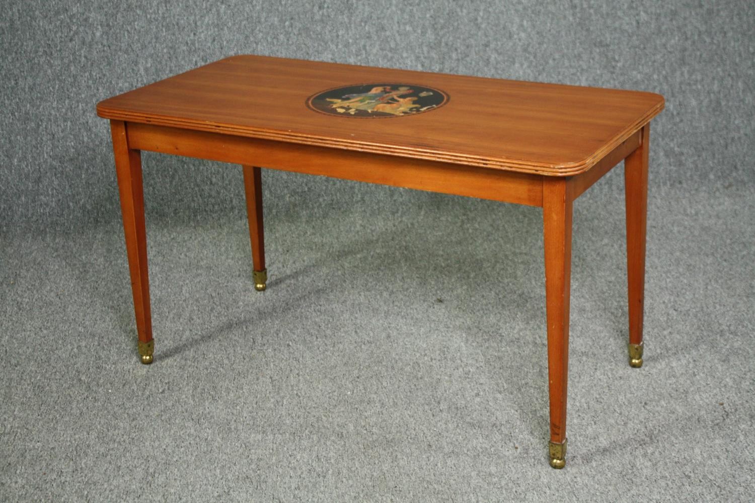 A vintage coffee table, 19th century style Continental satinwood with central painted cartouche. - Image 4 of 9
