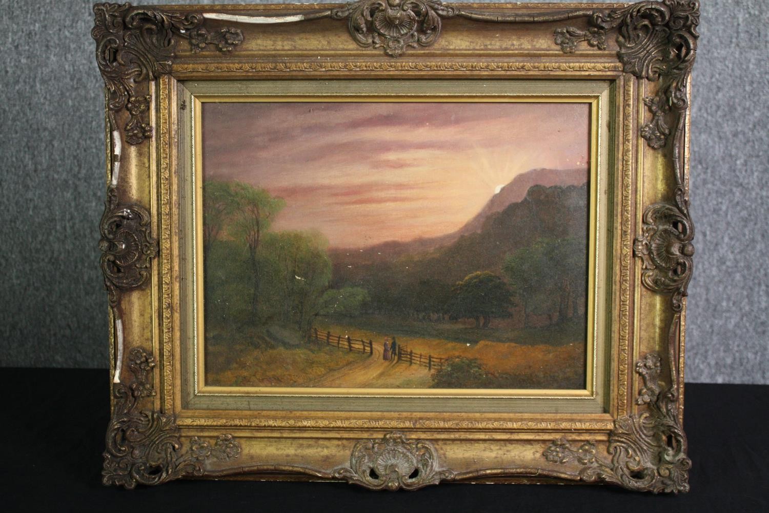 Oil on canvas, 19th century, figures in a landscape, in a gilt frame. H.50 W.59cm. - Image 2 of 3