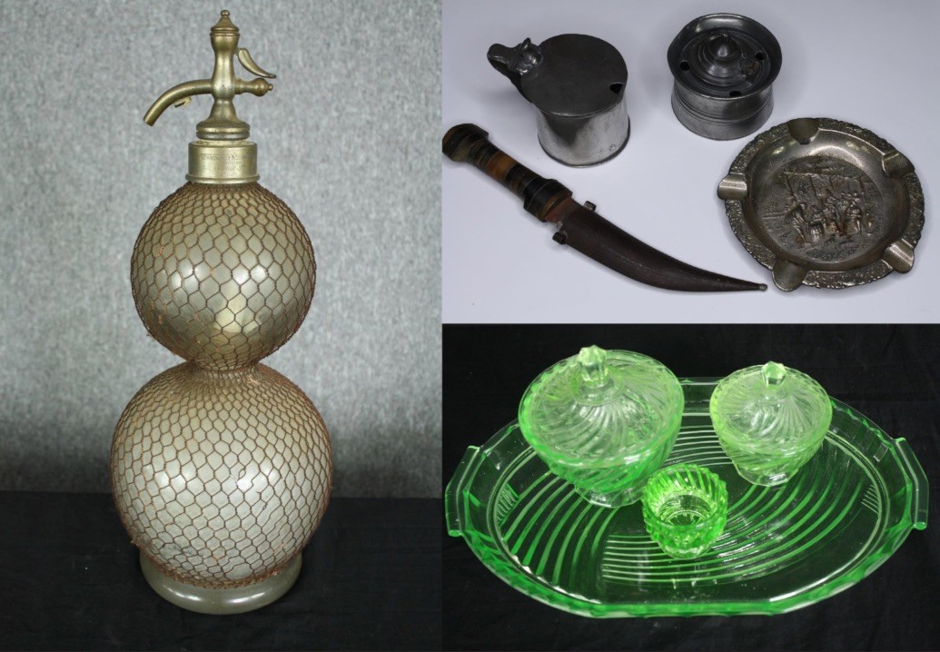 A vintage soda syphon, a glass vanity set, pewter etc. Syphon H.50cm.