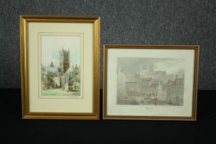 Two 19th century lithographs, cathedrals, framed and glazed. H.35 W.29cm. (largest)