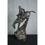 After Remington, a bronze figure group, Mountain Man and horse on a sharp descent, signed. H.68cm.