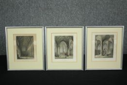 A set of three 19th century engravings, Wells Cathedral, framed and glazed. H.27 W.23cm. (largest).
