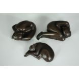 Deborah J Scaldwell, three bronze figures, two nudes and one a dog, signed. L.11cm. (largest).