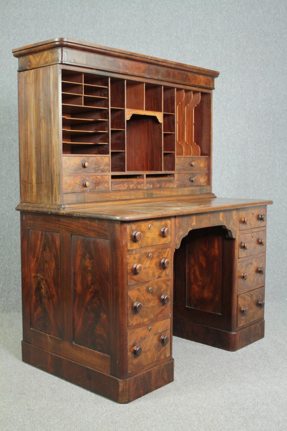 Desk, 19th century flame mahogany in three parts with upper stationery section. H.155 W.122 D.77cm. - Image 3 of 11