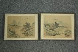 A pair of Chinese landscape studies on silk, signed with artist's seal. H.38 W.48cm. (each)