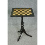 Chess table, 19th century ebonised with ebony and maple inlaid top. H.69 W.50 D.50cm.