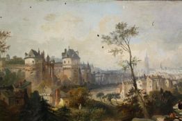Oil on panel, 19th century Continental school, medieval fortified town. H.38 W.65cm.