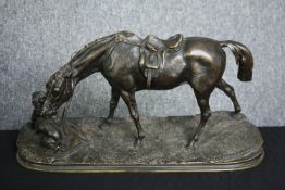 After Pierre-Jules Mene, an early 20th century bronze group, horse and dog. H.24 W.47 D.18cm.