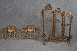 A vintage brass umbrella stand along with a miniature brass Rococo screen and two desk stands. H.