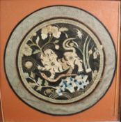 A 19th century Chinese silk embroidery, Lion. Framed and glazed. H.51 W.51cm.