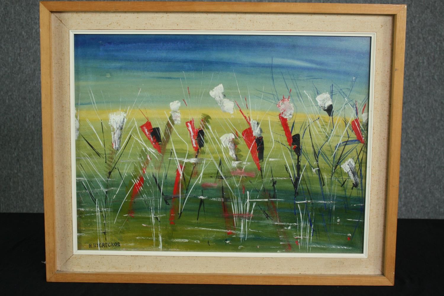 Helene Hygreckos (1919-2009), framed acrylic under reflection proof glazing, water flowers, - Image 2 of 5