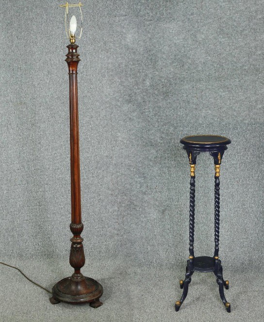 A vintage oak standard lamp and a painted torchere. H.102cm.