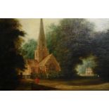 Oil on canvas, 19th century, church with country house in the distance. H.36 W.46cm.