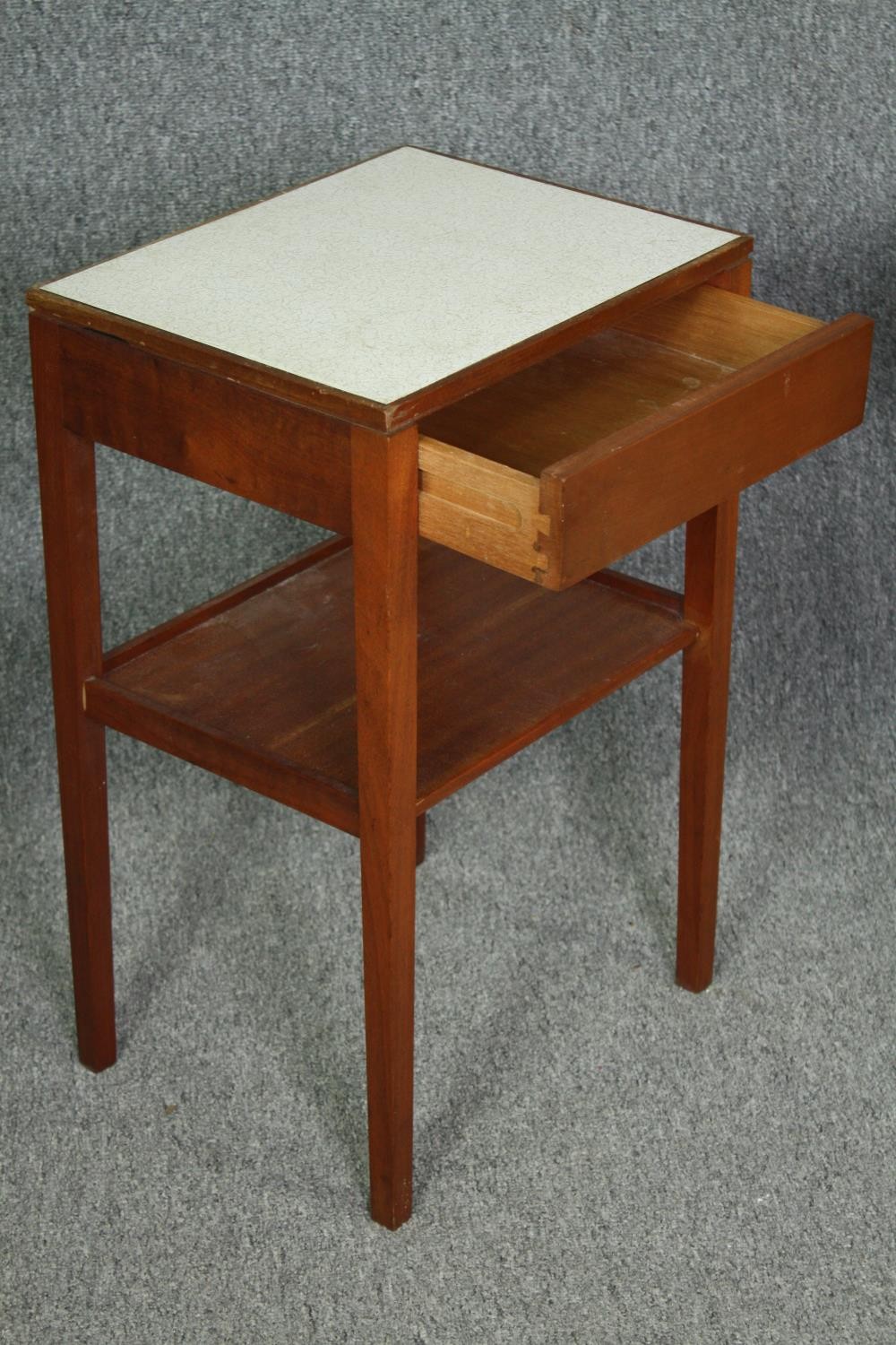 Bedside tables, a pair, mid century teak with composite laminated tops. H.61 W.38 D.31cm. (each). - Image 4 of 7