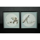 A pair of Chinese bird studies, 3 D feather art, framed and glazed. H.32 W.32cm. (each).