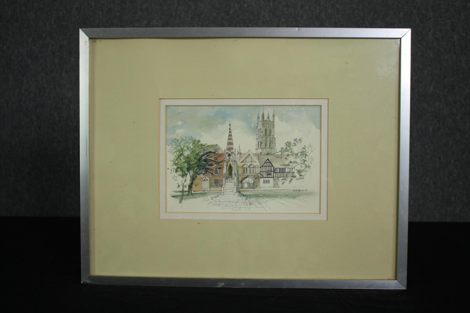 Graham Byfield, watercolour and ink, Gloucester Cathedral Close, signed. H.38 W.48cm. - Image 2 of 5