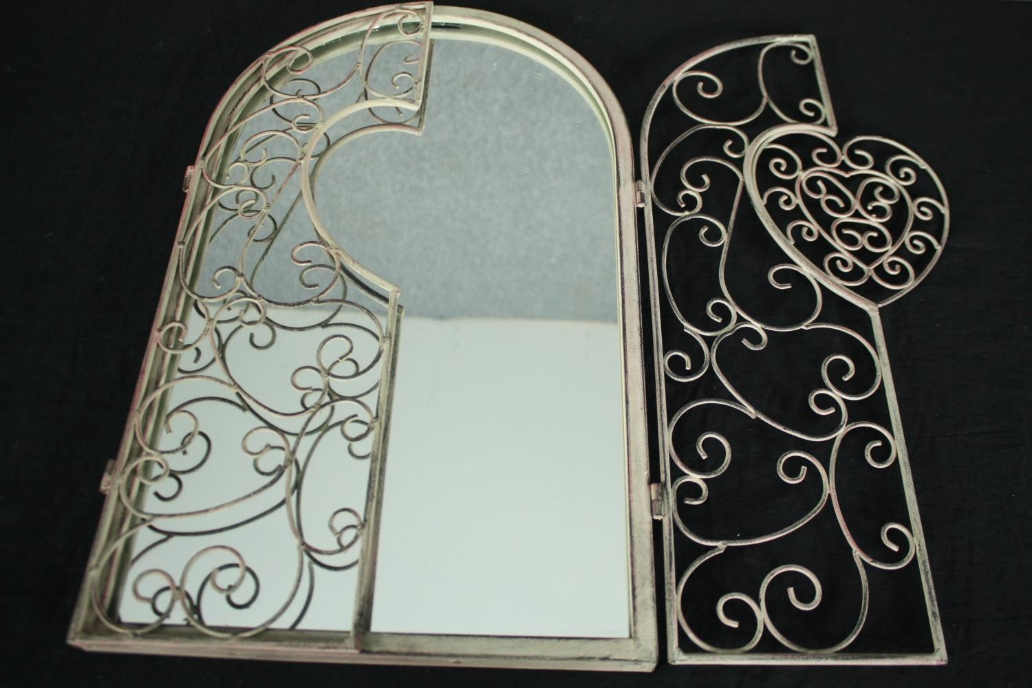 A pair of distressed painted mirrors with wrought metal doors. H.50 W.31cm. (each) - Image 4 of 5