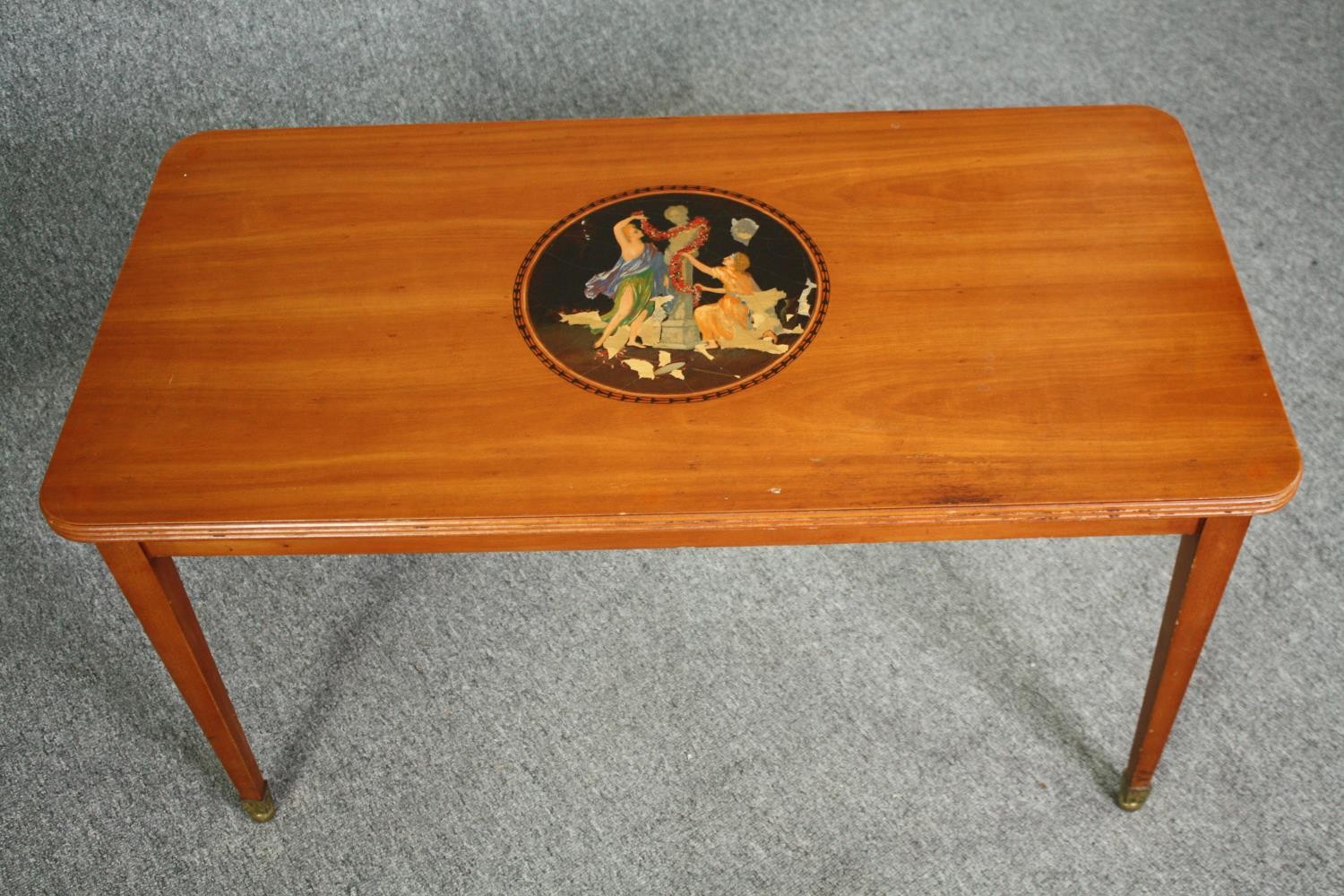 A vintage coffee table, 19th century style Continental satinwood with central painted cartouche. - Image 7 of 9