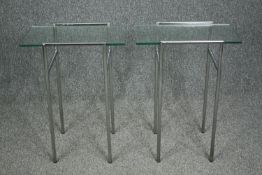 Lamp or bedside tables, a pair, Rodney Kinsman vintage chrome and glass. H.69 W.50 D.30cm. (