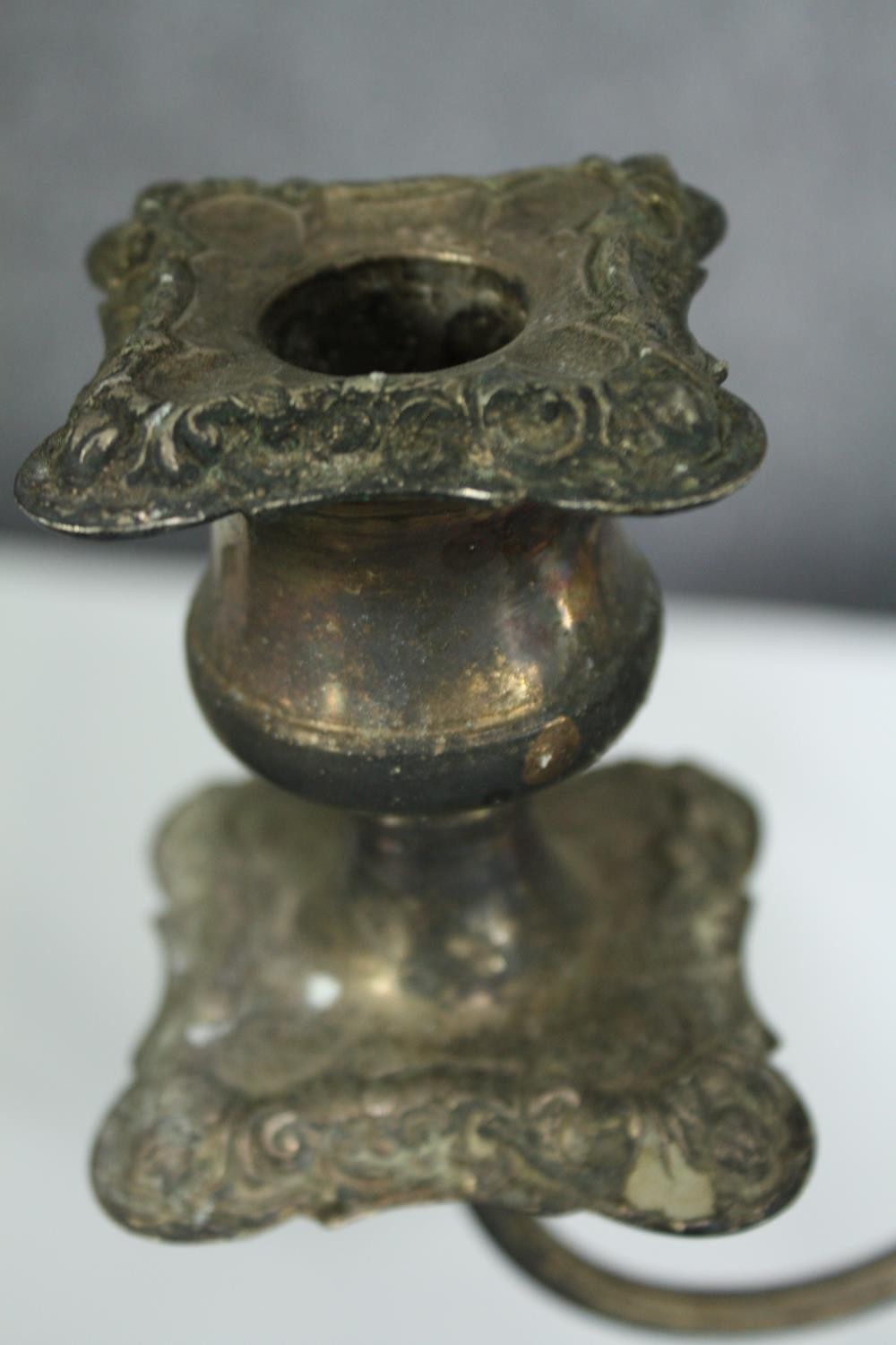 A pair of silver plated three branch table candelabras. H.42cm. (each) - Bild 6 aus 6