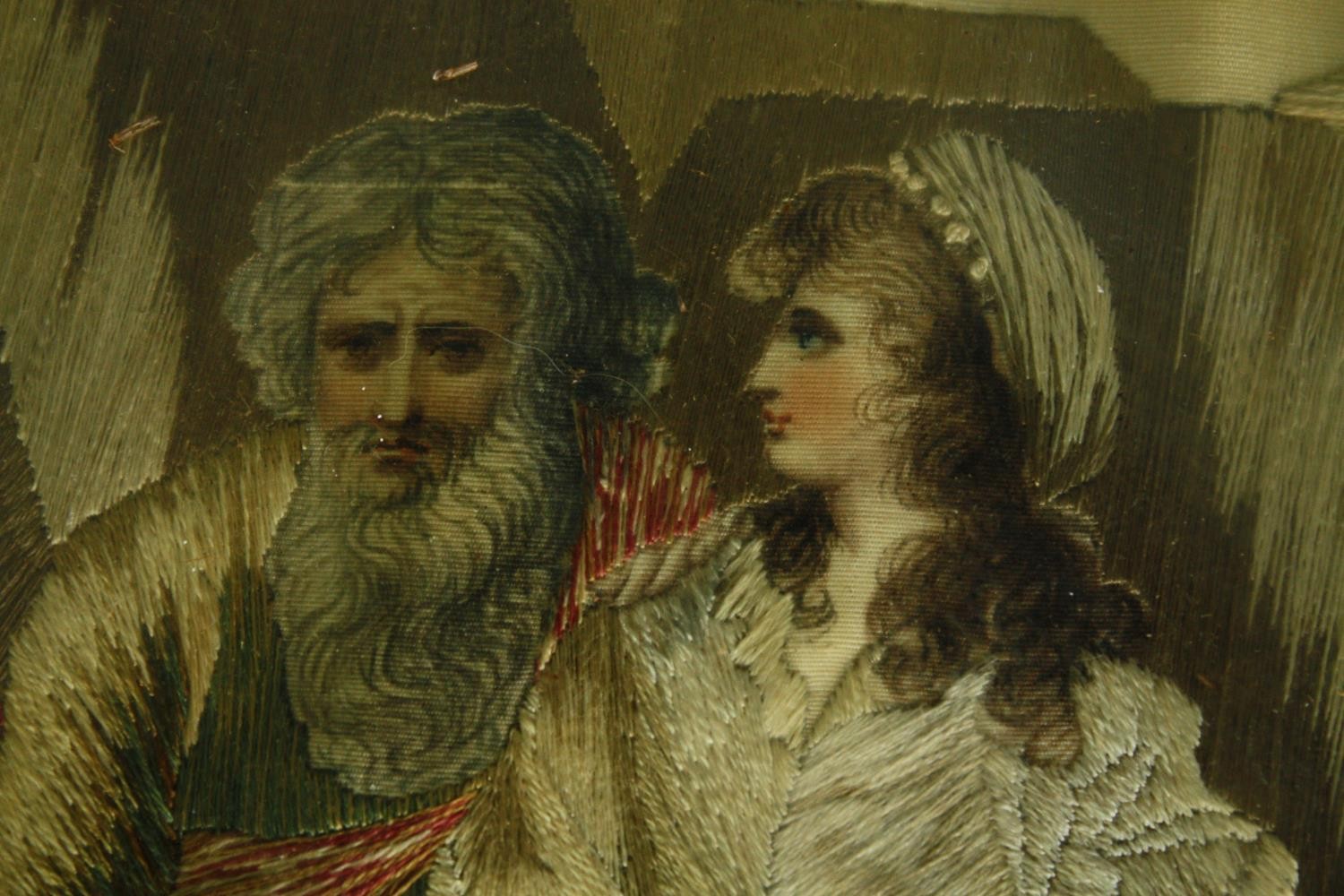 A late 19th century framed and glazed silk embroidery; King Lear, Act V, Scene III. Inscription - Image 3 of 7