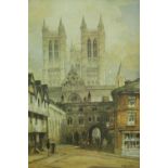 Watercolour, cathedral town, signed Featherstone Robson, framed and glazed. H.40 W.33cm.