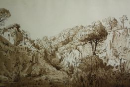 A 19th century framed and glazed sepia wash study of a rocky landscape. H.50 W.70cm.
