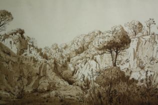 A 19th century framed and glazed sepia wash study of a rocky landscape. H.50 W.70cm.