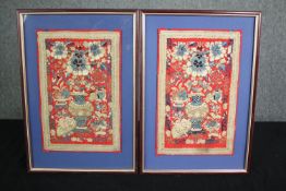 A pair of late 19th century flowerhead woolwork tapestries. Framed and glazed but one missing it's