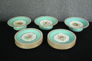 A collection of hand decorated Continental plates along with three matching comports. (One comport