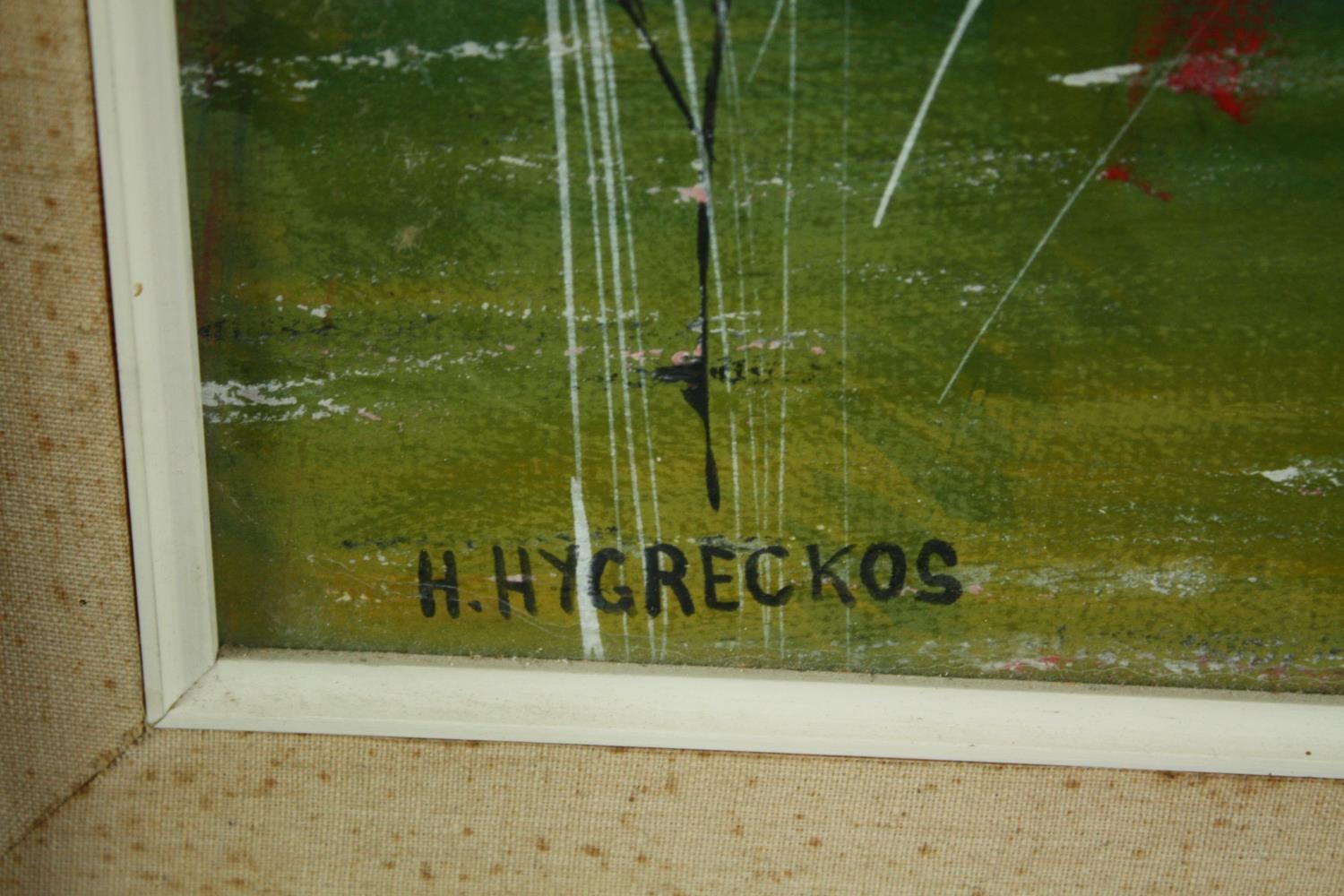 Helene Hygreckos (1919-2009), framed acrylic under reflection proof glazing, water flowers, - Image 3 of 5