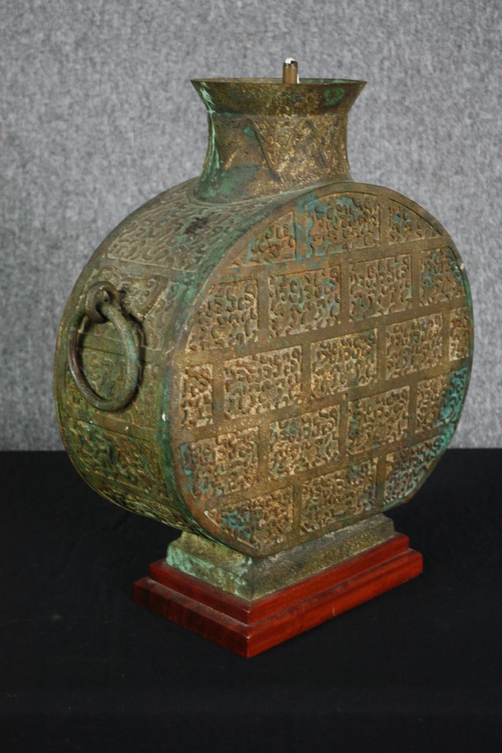A Chinese gilt bronze archaic style Hu wine vessel converted for electricity. H.50 W.43 D.15cm. - Image 2 of 6