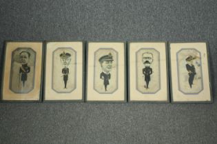A set of five framed and glazed pen and ink caricature sketches of navy officers, monogrammed GHP.