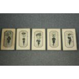 A set of five framed and glazed pen and ink caricature sketches of navy officers, monogrammed GHP.