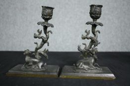 A pair of bronze candlesticks of naturalistic form. H.20 cm. (each)
