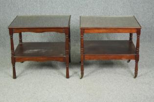 A 19th century mahogany bedside or lamp table with a plate glass top along with a similar table. H.