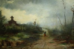 Oil on canvas, country landscape with a woman on a lane. Signed Checa. H.32 W.46cm.