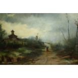 Oil on canvas, country landscape with a woman on a lane. Signed Checa. H.32 W.46cm.