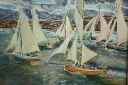 Oil on board, sailing boats, signed Ron King and titled to the reverse. Framed. H.38 W.42cm.