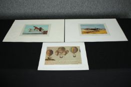 Three 19th century hand coloured engravings, Henri Fabre, Roland Garros and early ballooning. H.32