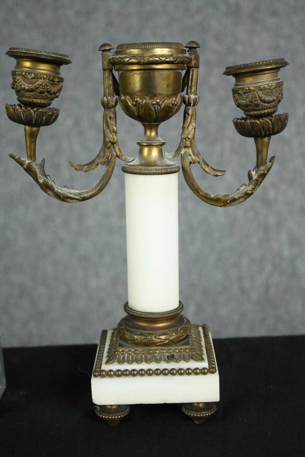 A small 19th century gilt metal and marble candelabra along with metal frame decorated with - Image 5 of 8