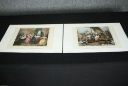 A pair of 19th century hand coloured engravings, a musical soiree and a boat outing. H.33 W.51cm. (