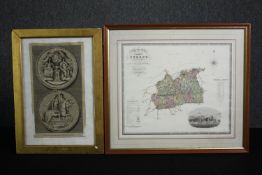 A 19th century gilt framed engraving and a 19th century hand coloured map of Surrey. H.44 W.49cm. (