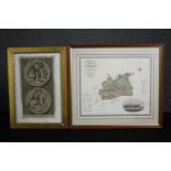 A 19th century gilt framed engraving and a 19th century hand coloured map of Surrey. H.44 W.49cm. (