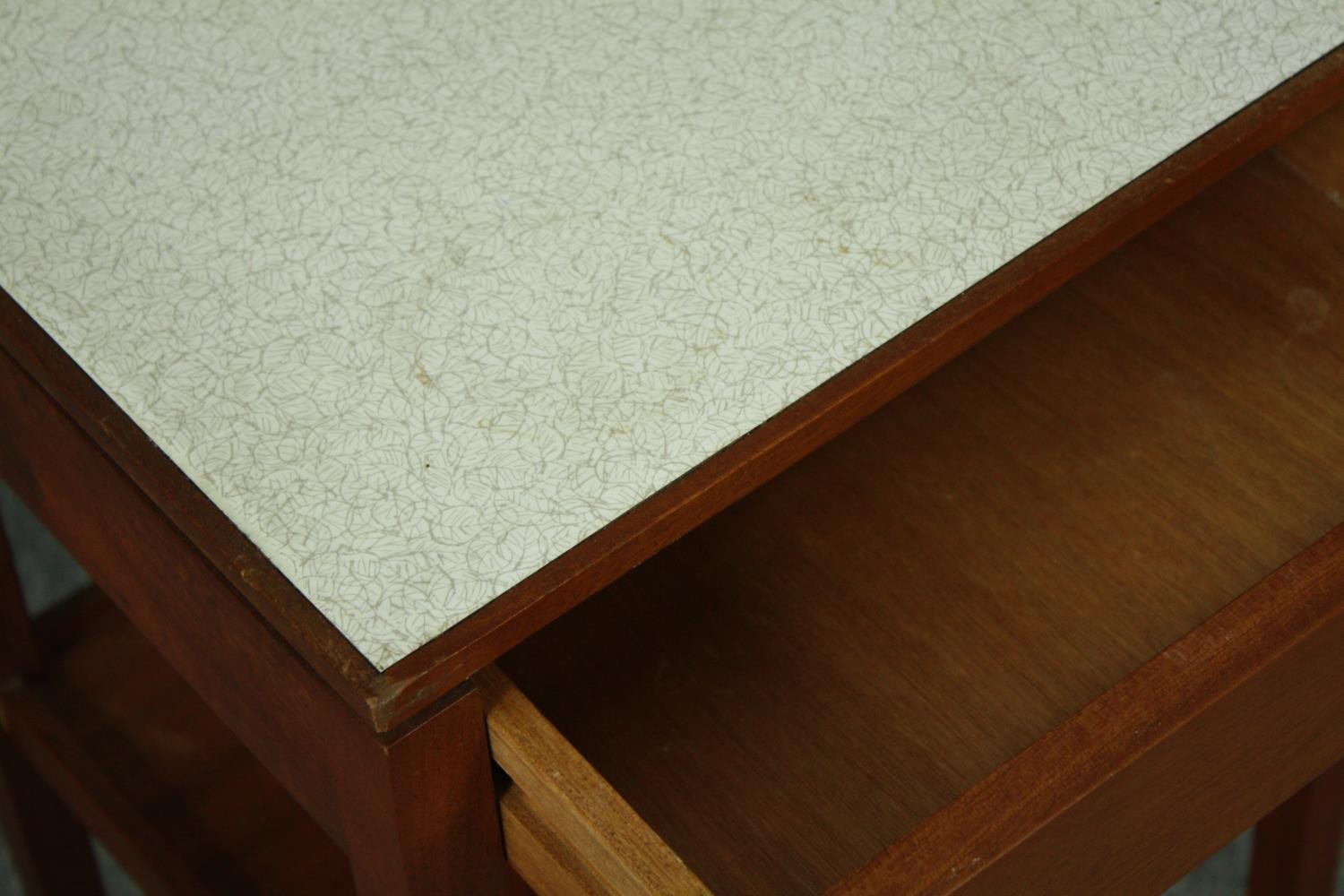 Bedside tables, a pair, mid century teak with composite laminated tops. H.61 W.38 D.31cm. (each). - Image 6 of 7