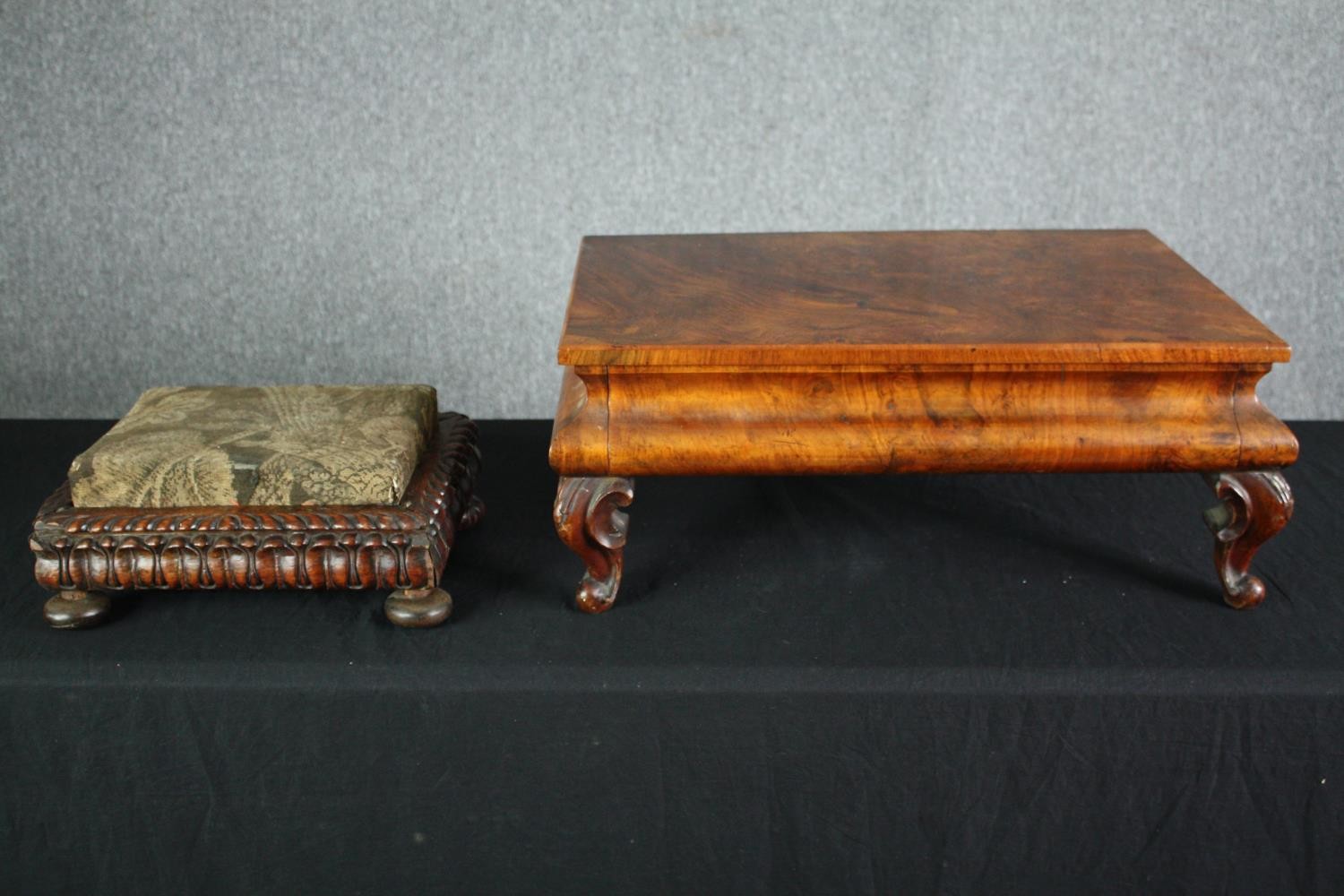 A Victorian walnut low table with base drawer and a late Regency rosewood footstool. H.26 W.63 D.